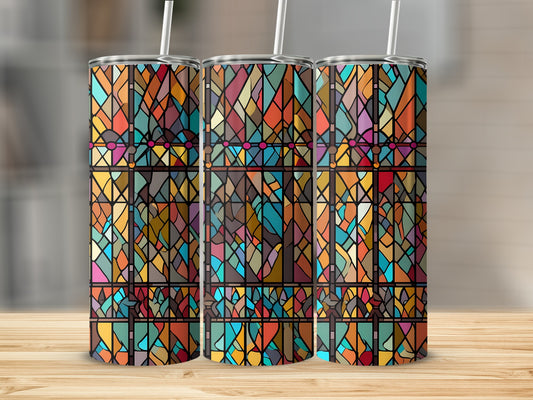 Three tumblers with colorful stained-glass patterns.