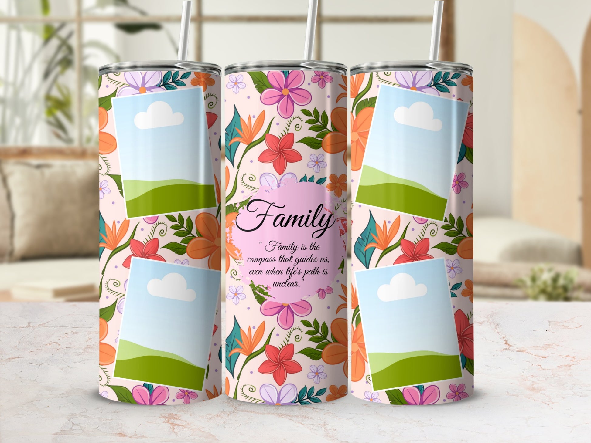 Three tumblers with floral print and picture frames, one with "Family" quote.