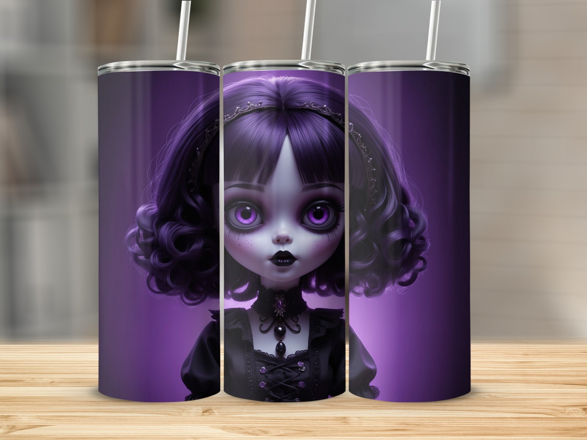 Gothic doll illustration on three purple tumblers with straws.