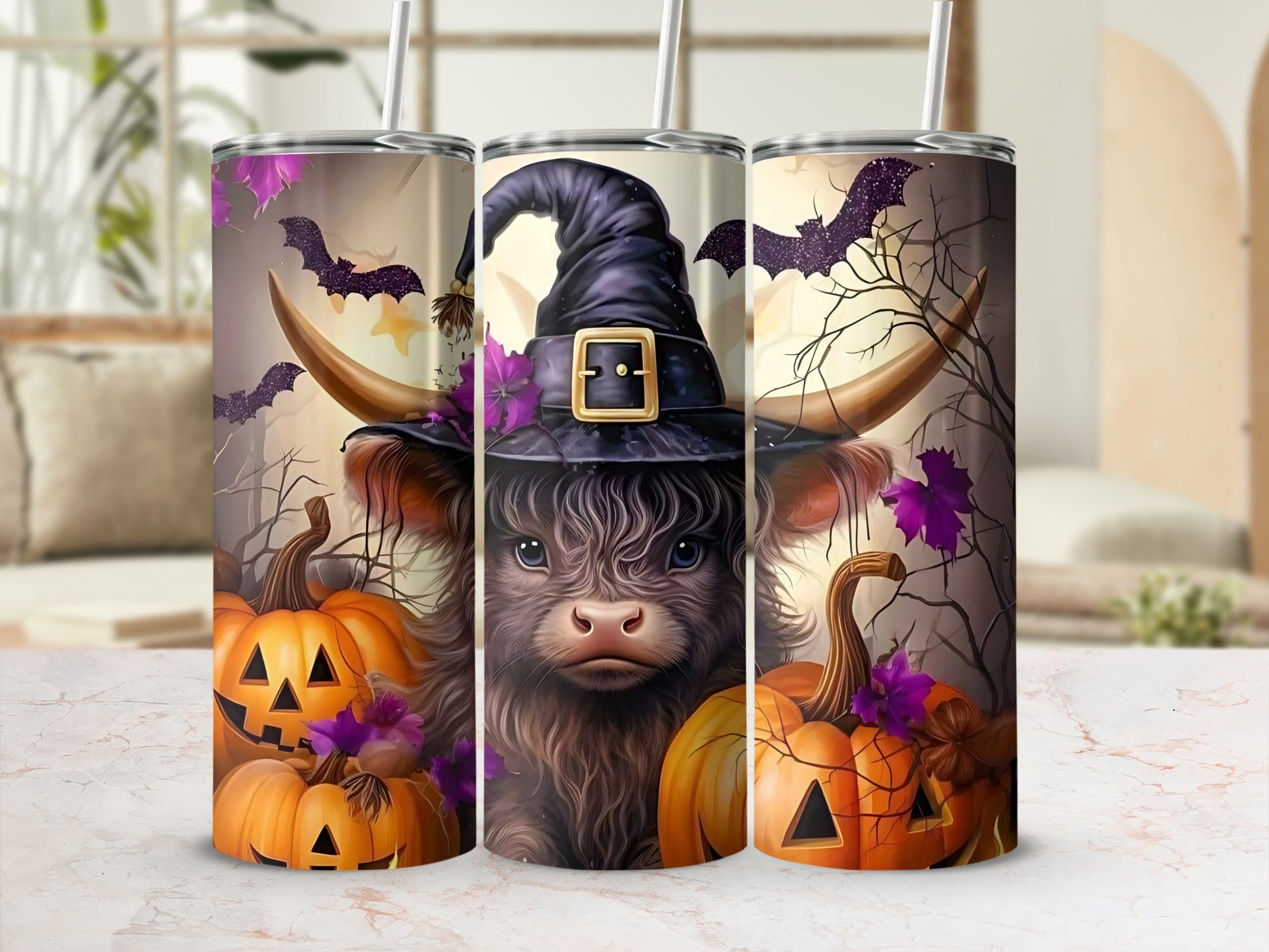 Halloween Pumpkin Witch Cow Tumbler Cup with Straw