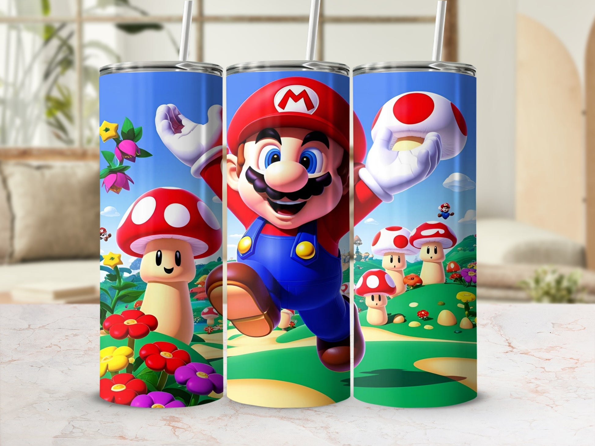 Mario holding a mushroom in front of a Super Mario Bros landscape.