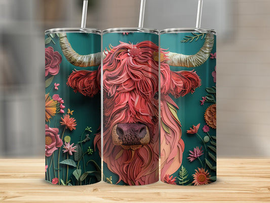 Floral highland cow artwork on three teal tumblers with straws.