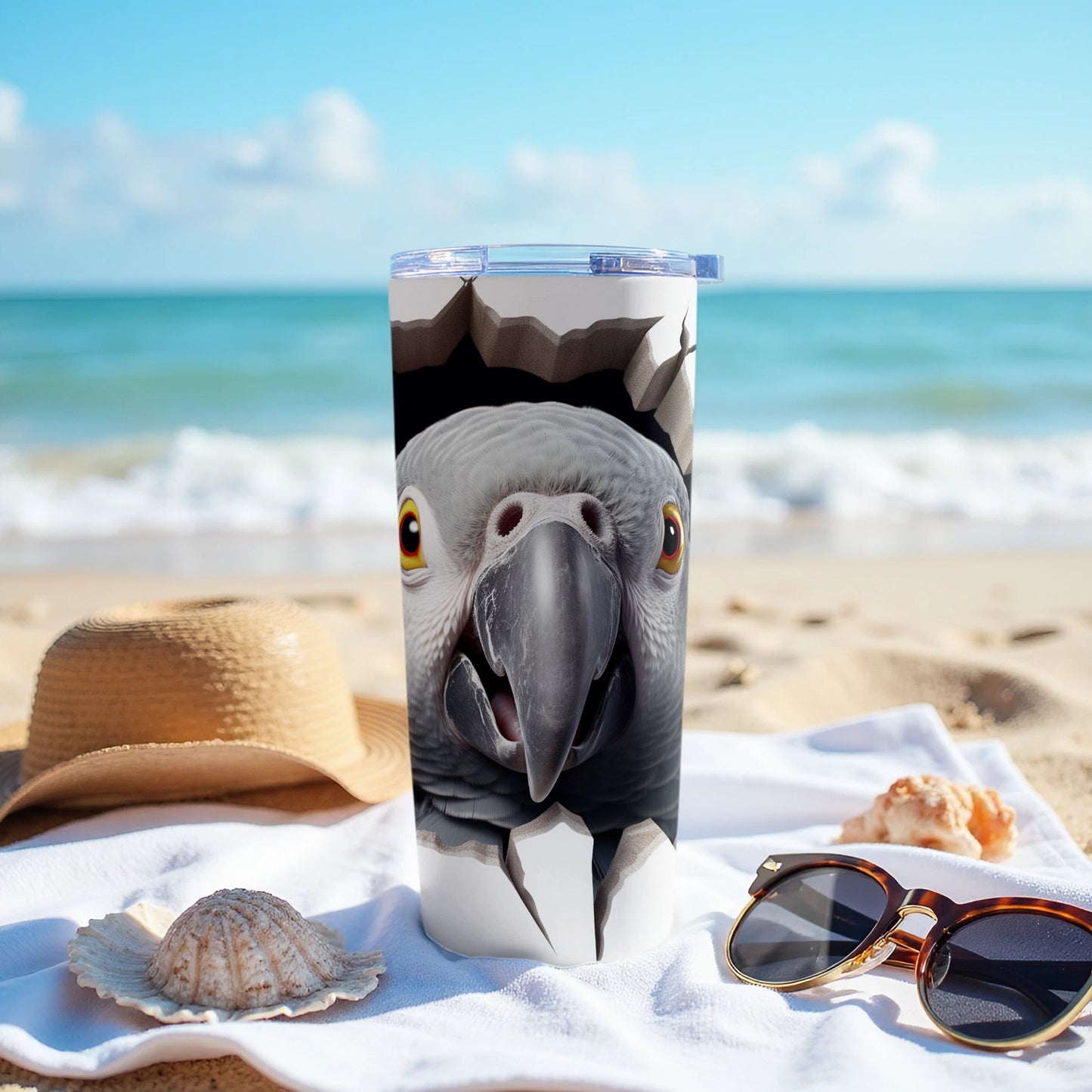 Grey Parrot Peeking Tumbler Beach Scene Fun Design product type