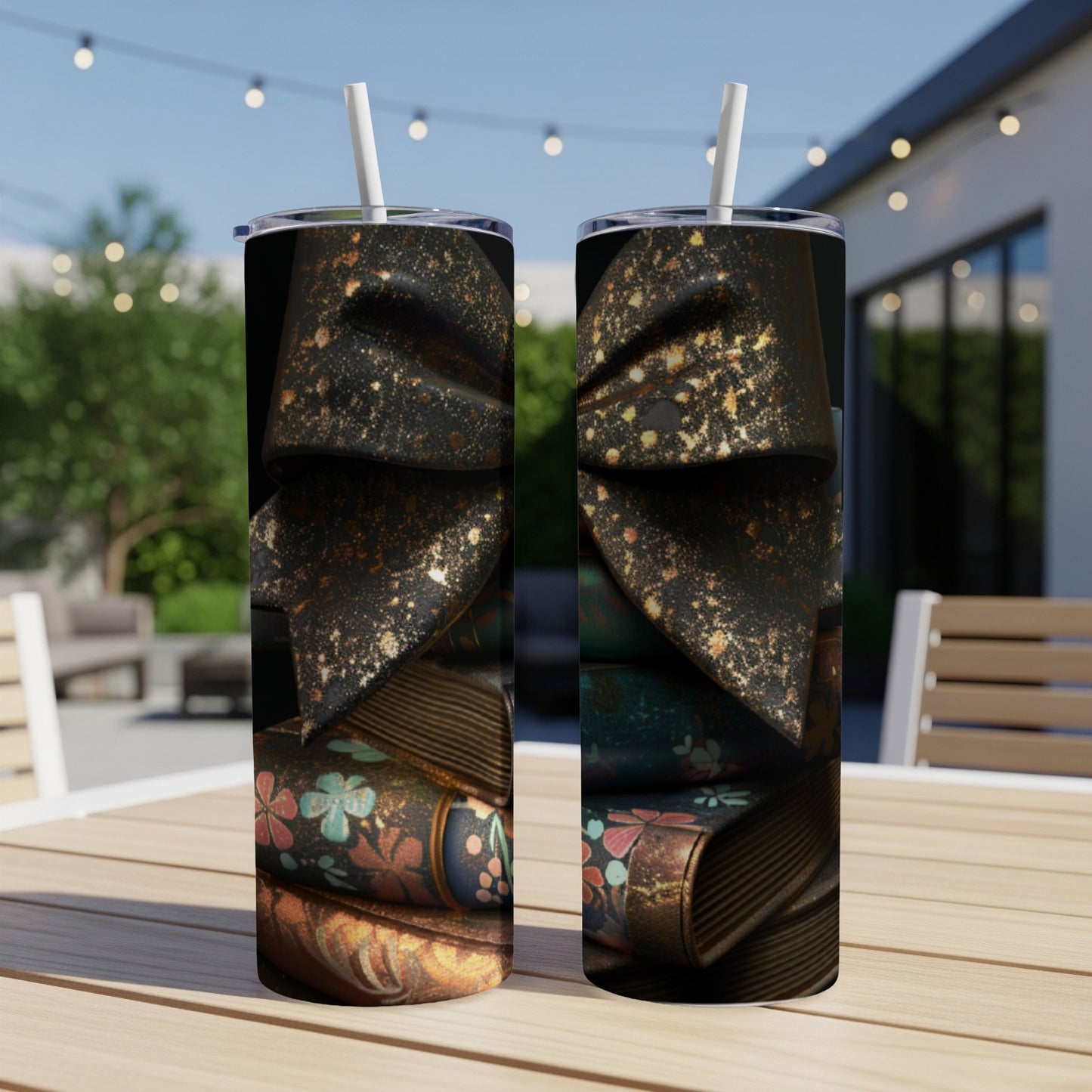 Two tumblers with antique book design and gold accents.