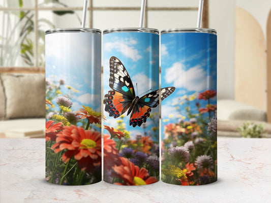 Vibrant Butterfly Garden Flowers Blue Sky Tumbler product type