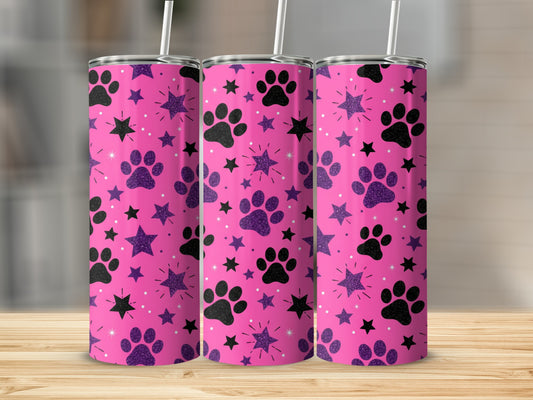 Pink tumbler with purple paw prints and black stars pattern.