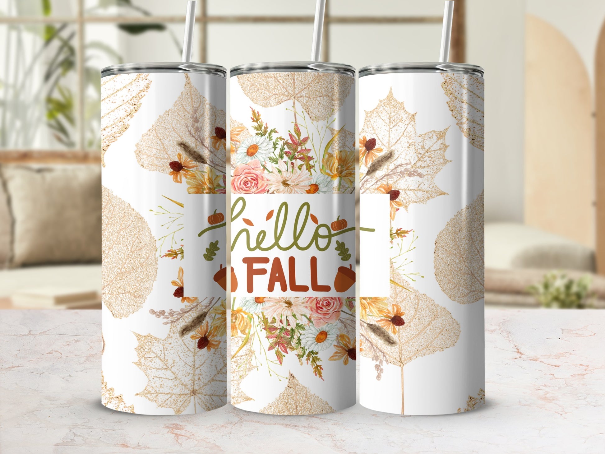 Hello Fall Autumn Leaf Print Skinny Tumbler Product