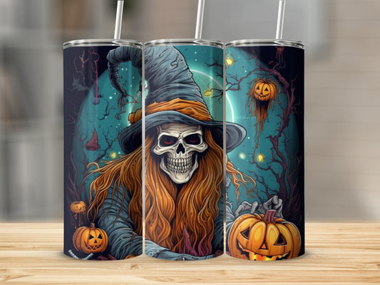 Three tumblers with a Halloween theme featuring a skeleton witch, pumpkins, and spooky trees.