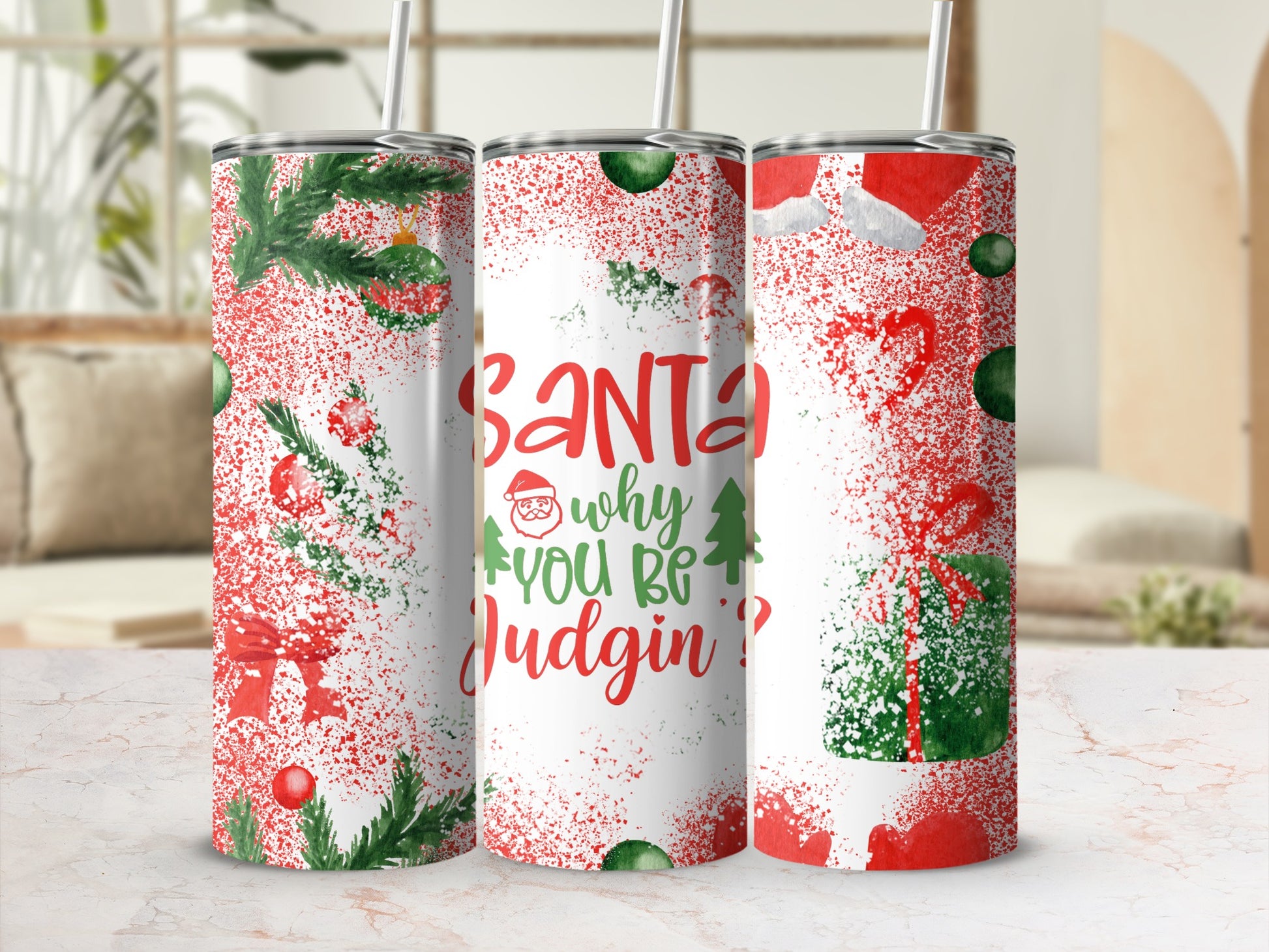 Tumbler with Santa, Christmas tree, and "Santa why you be judgin?" text.