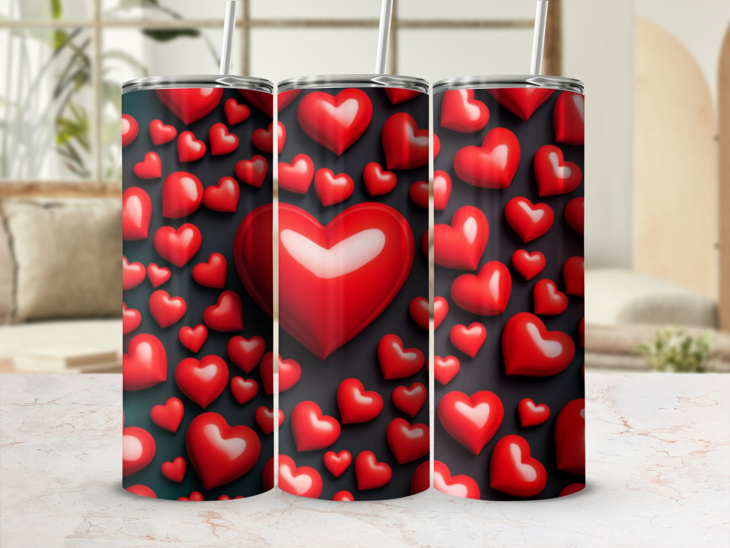 Three tumblers with a repeating pattern of red hearts on a dark background.