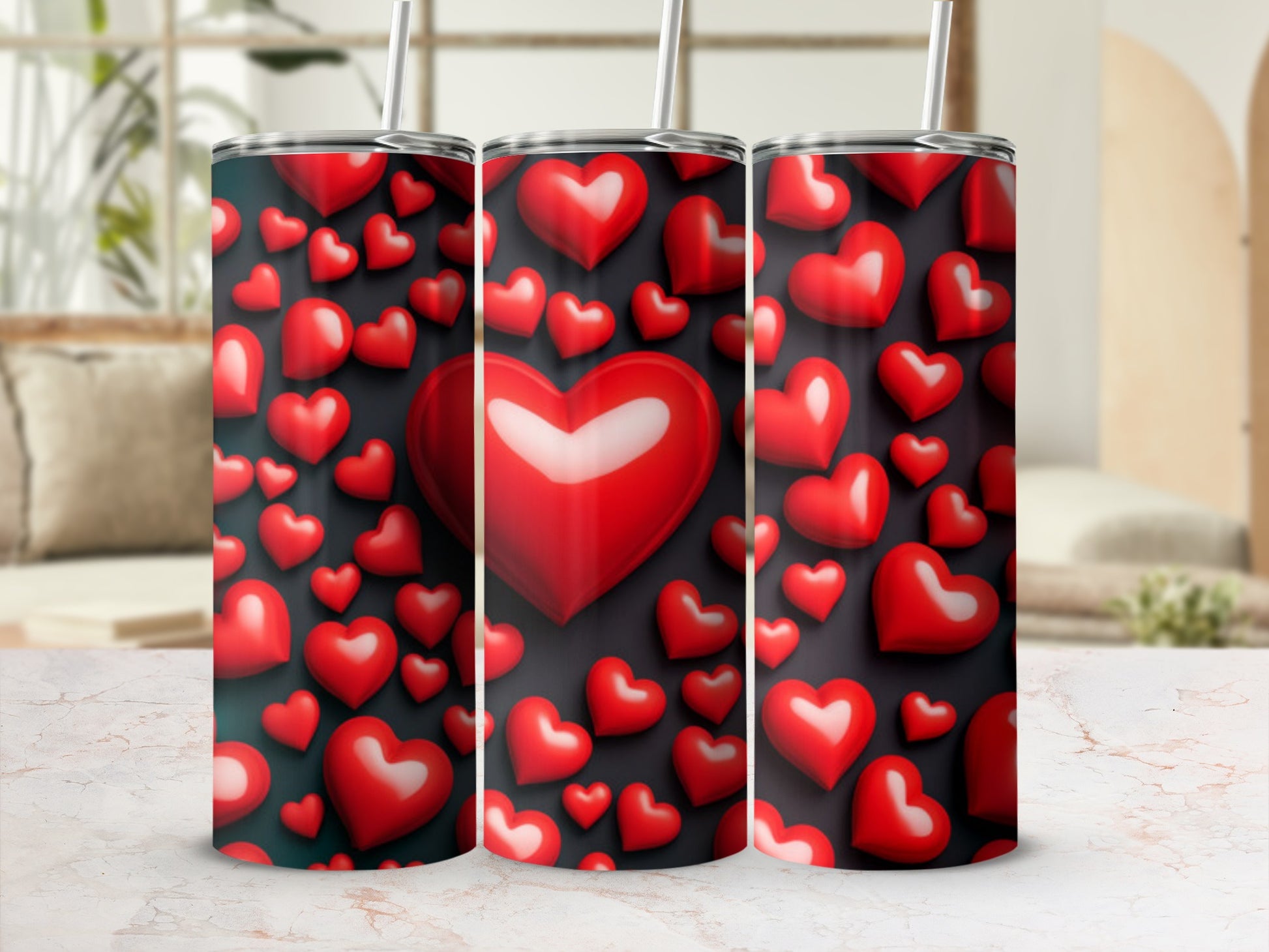 Three tumblers with a repeating pattern of red hearts on a dark background.