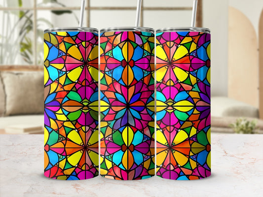 Three tall tumblers with colorful stained-glass inspired geometric patterns.