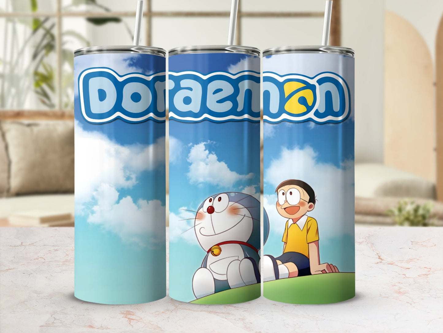 Doraemon Tumbler With Straw Featuring Nobita Sky Scene Tumbler