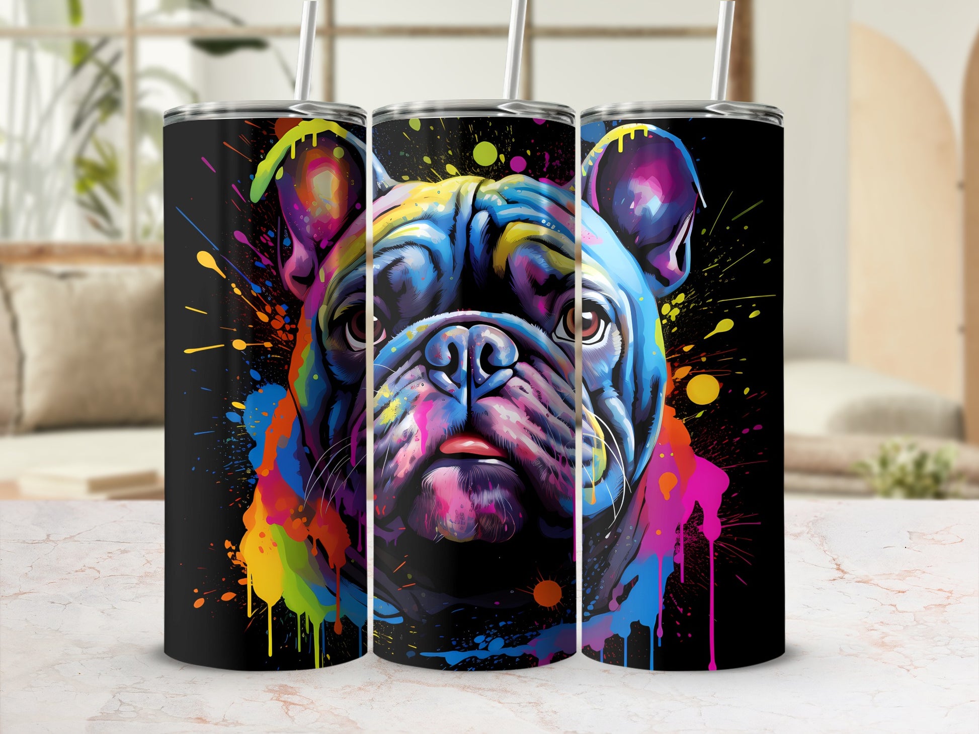 Colorful abstract French bulldog face on black background, three tumblers.