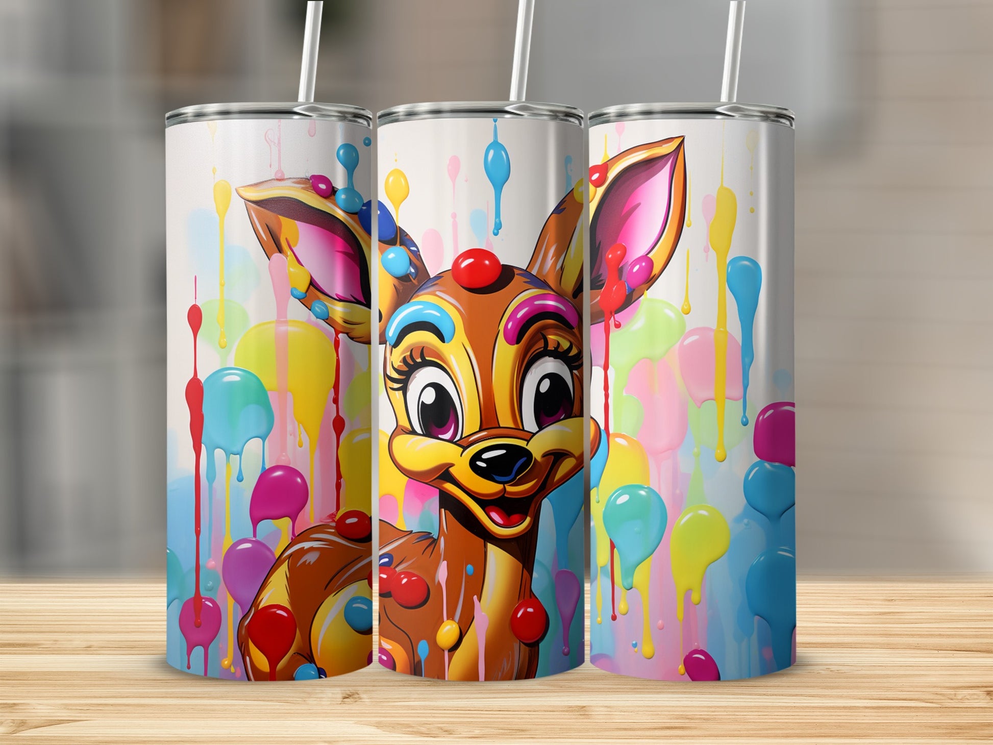 Colorful Deer Design with Drips Tumbler