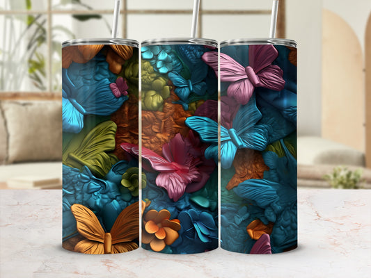 Three tumblers with a textured butterfly and floral design.