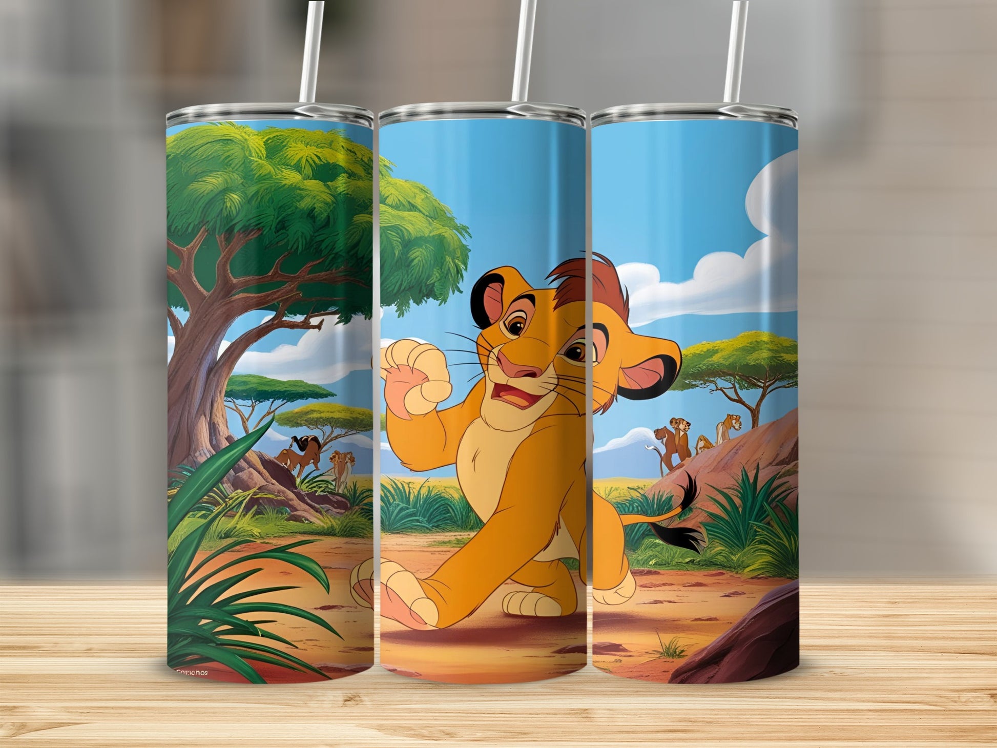 Simba from The Lion King waving with Pride Rock and other characters in the background.