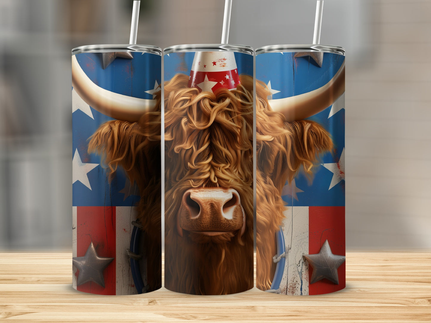 Highland cow wearing a party hat with stars and stripes background.