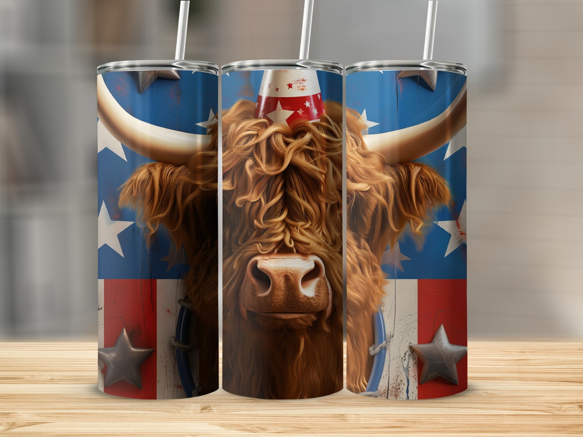 Highland cow wearing a party hat with stars and stripes background.
