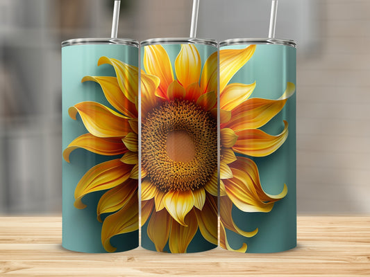 Three tumblers featuring a large, vibrant sunflower design on a teal background.