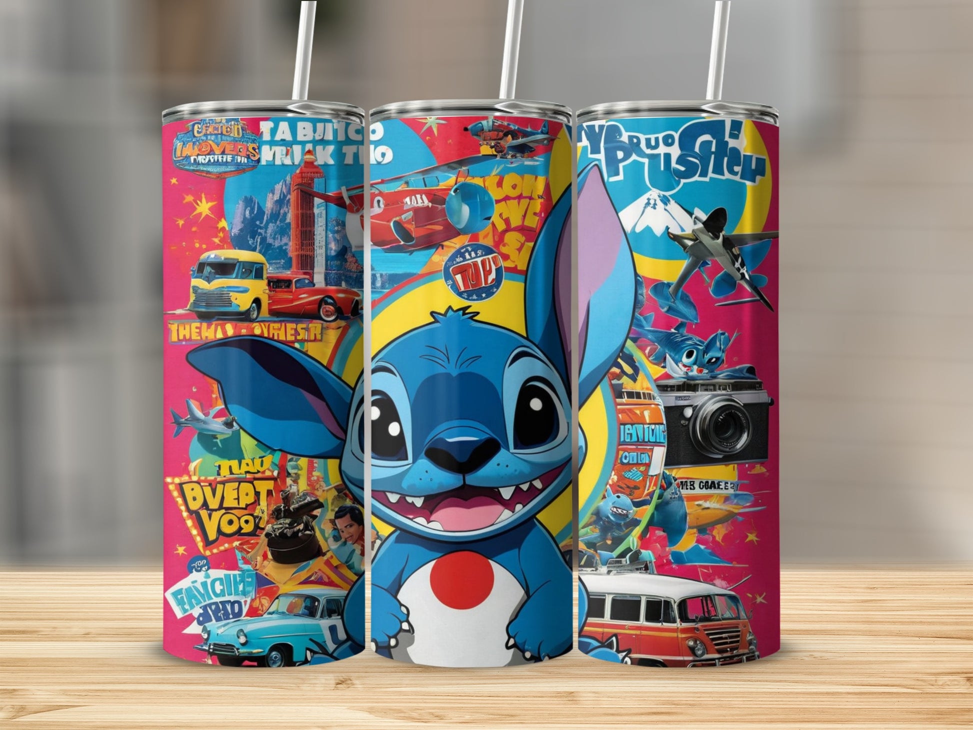 Stitch character from Lilo & Stitch on a colorful tumbler with vintage travel scenes.