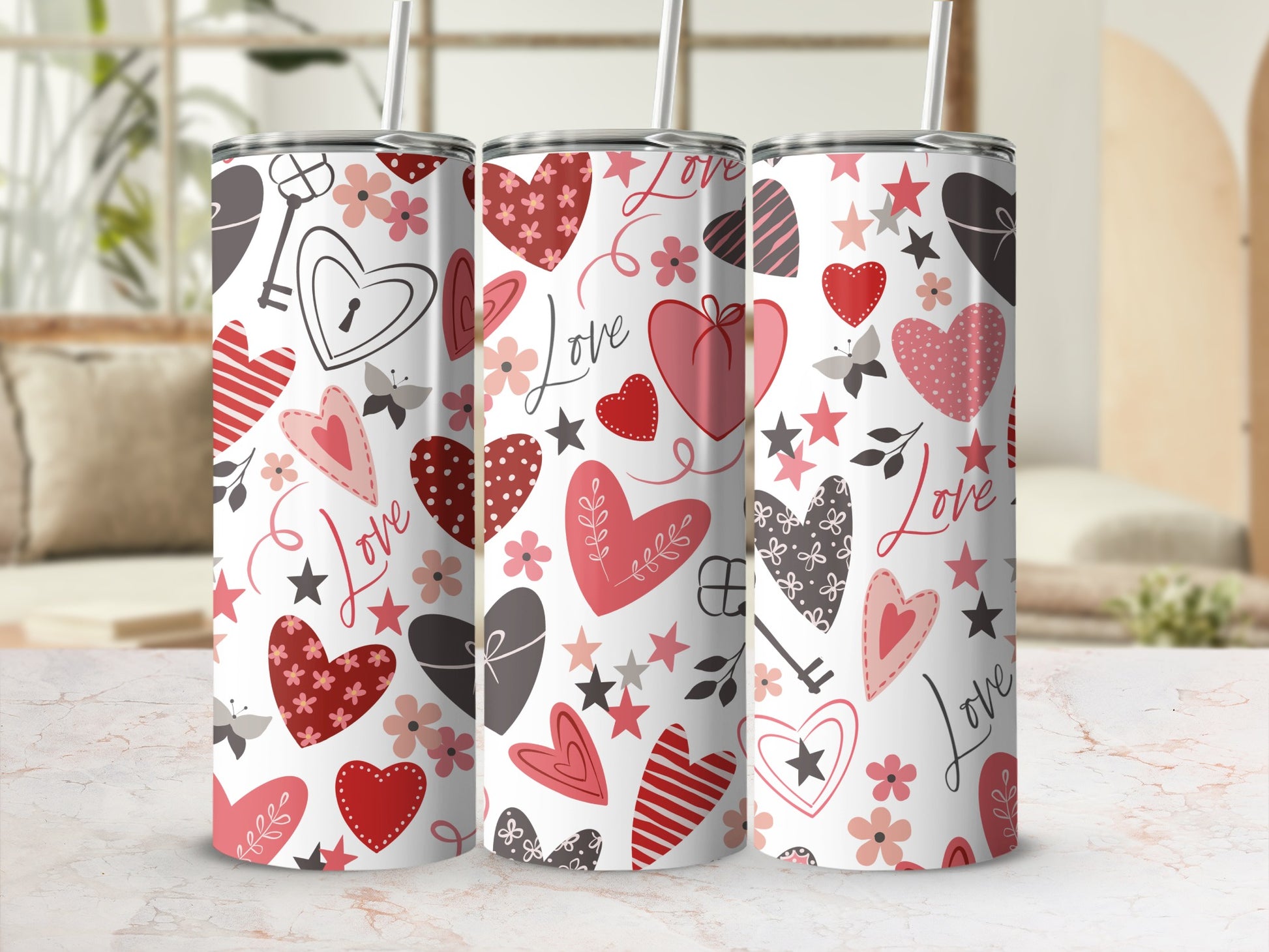 Romantic Hearts Love Keys Stars Flowers Tumbler product type
