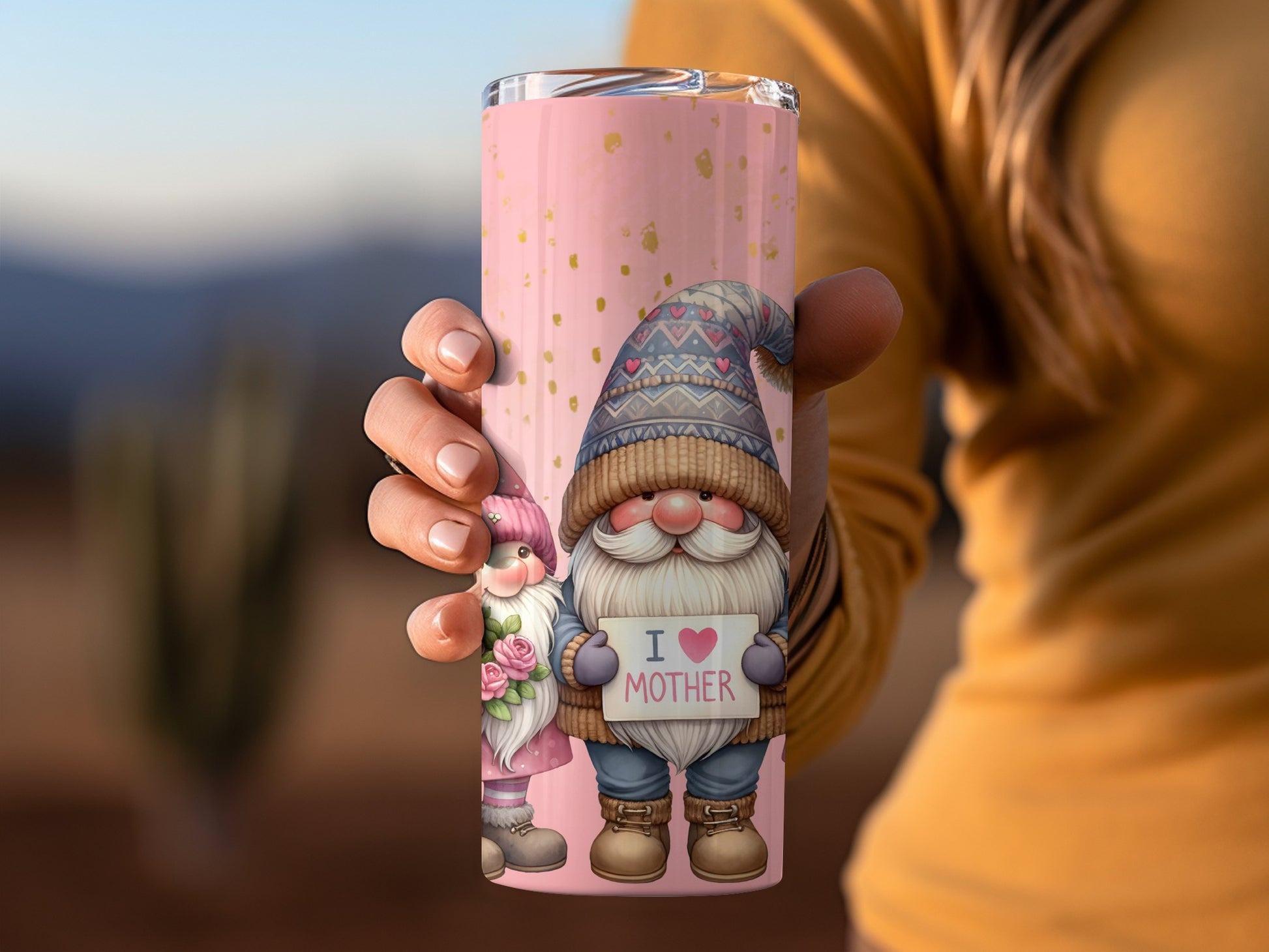 Pink Gnome Tumbler with I Love Mother Design Tumbler
