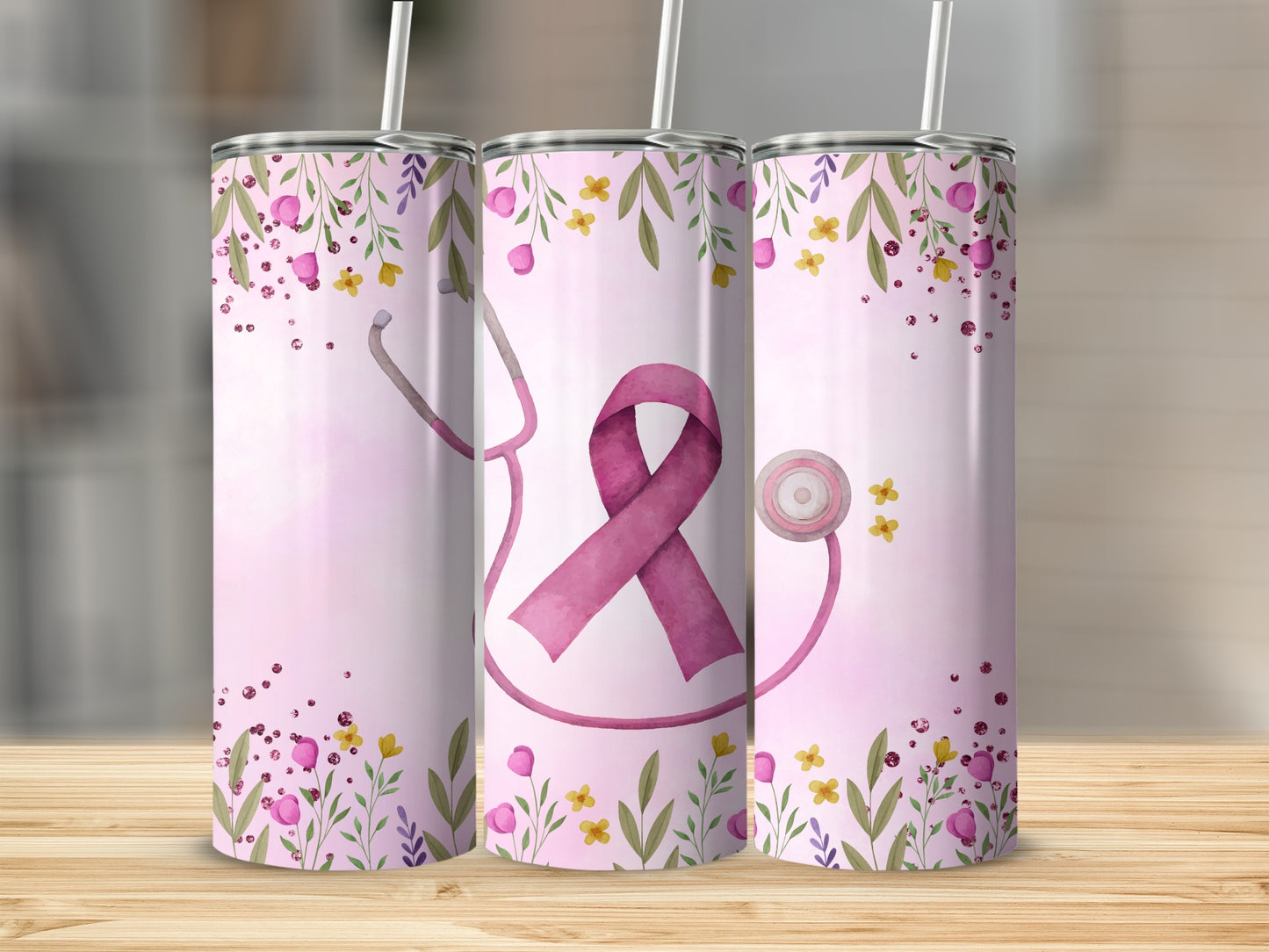 Pink ribbon with stethoscope and floral border on skinny tumblers.