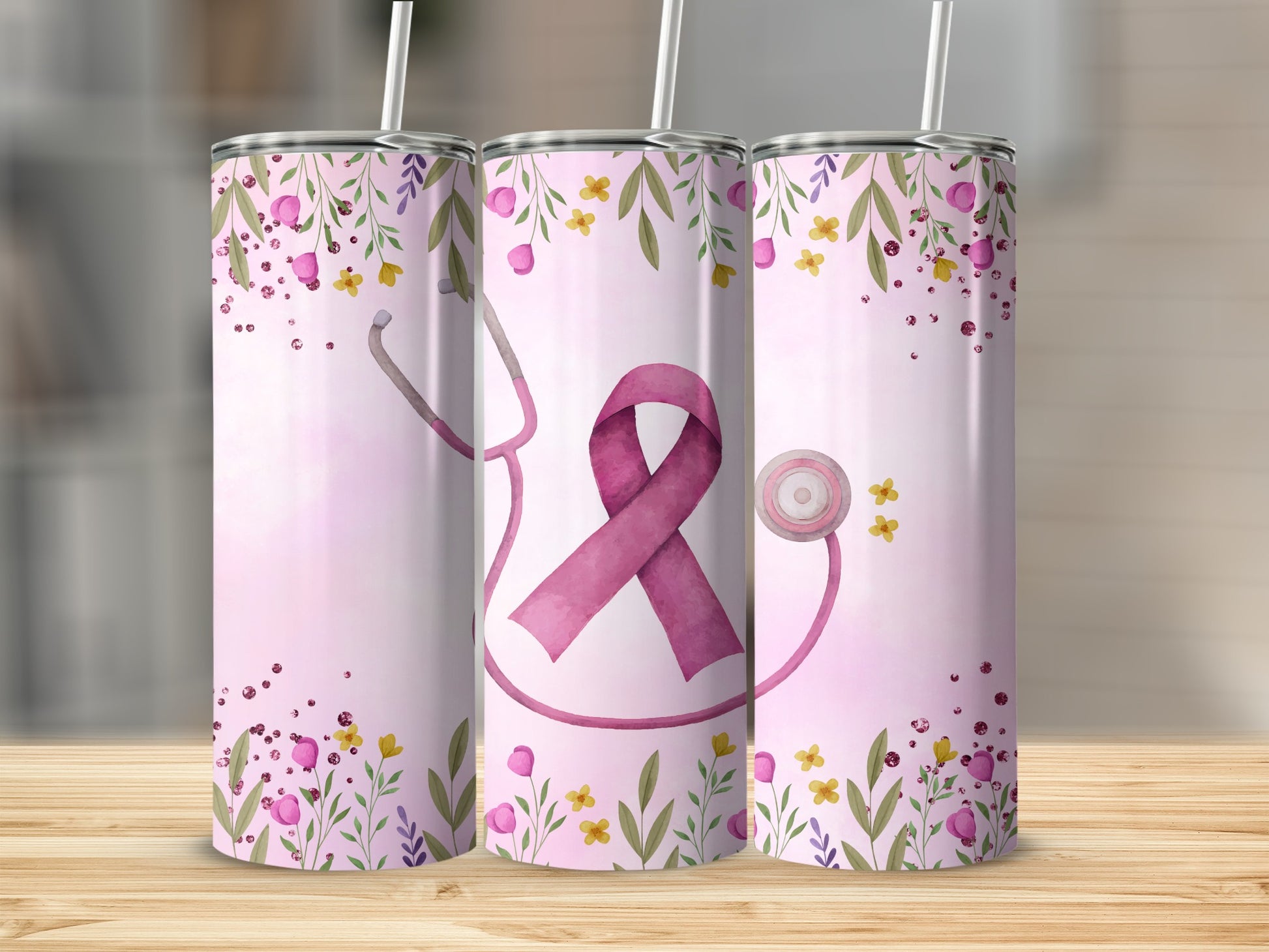 Pink ribbon with stethoscope and floral border on skinny tumblers.
