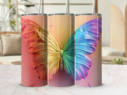 Three tumblers with gradient butterfly wings in warm and cool colors.