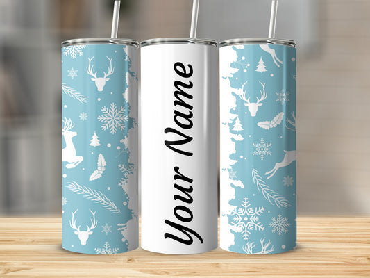 Personalized Christmas Reindeer and Snowflakes Tumbler