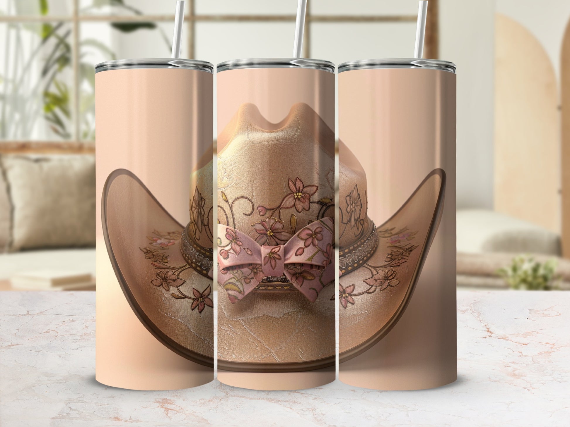 Cowboy hat with floral design and pink bow, shown on a peach background.