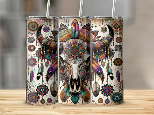 Triptych of buffalo skull tumblers with bohemian mandala and feather designs.