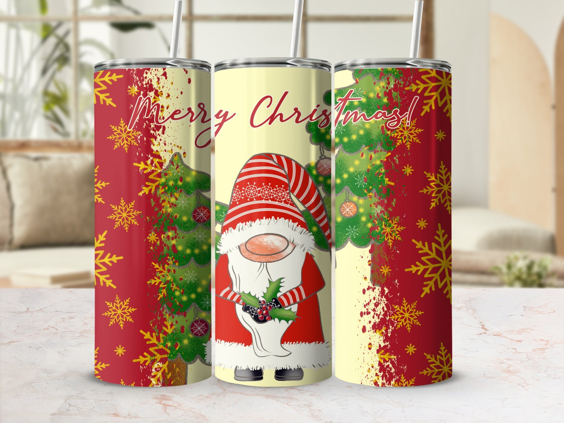 Christmas gnome with snowflakes and trees on a yellow tumbler.
