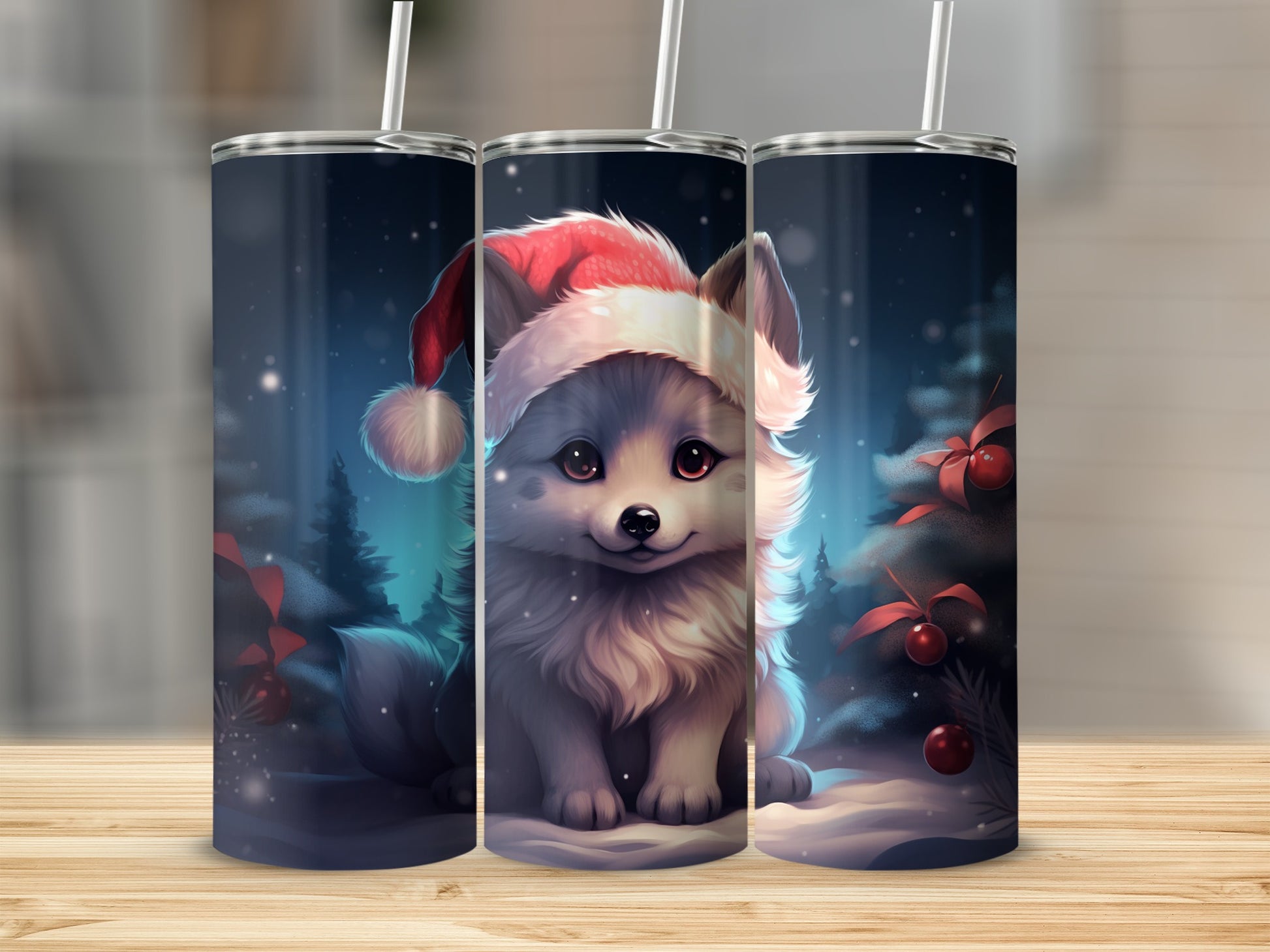 Cute Festive Fox with Santa Hat Tumbler Christmas Gift