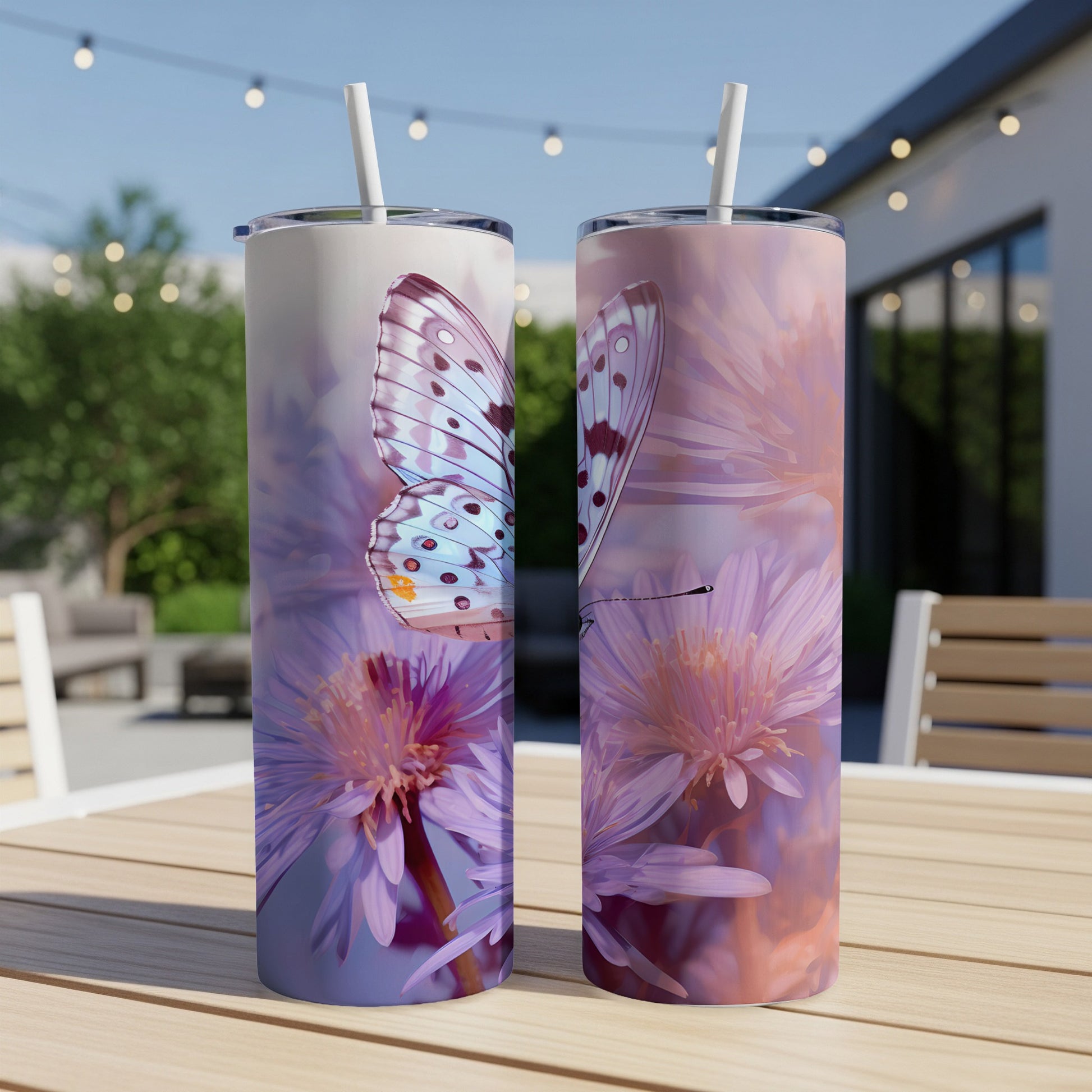 Two tall tumblers with butterfly and floral design.