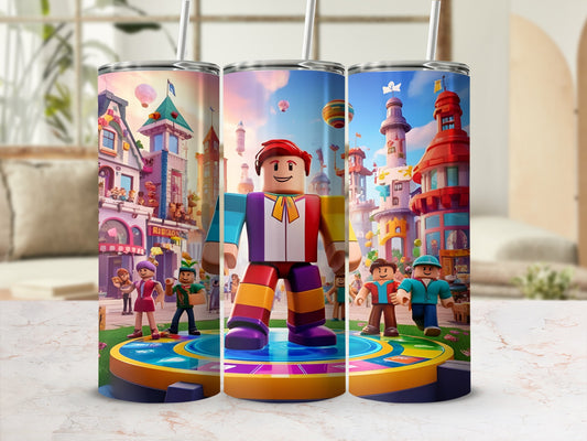 Roblox characters and cartoon buildings on a colorful cylindrical tumbler.