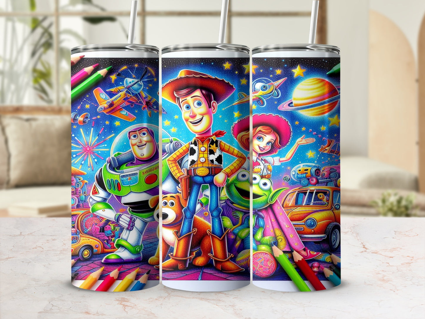 Buzz Lightyear, Woody, and Jessie from Toy Story on a colorful tumbler.