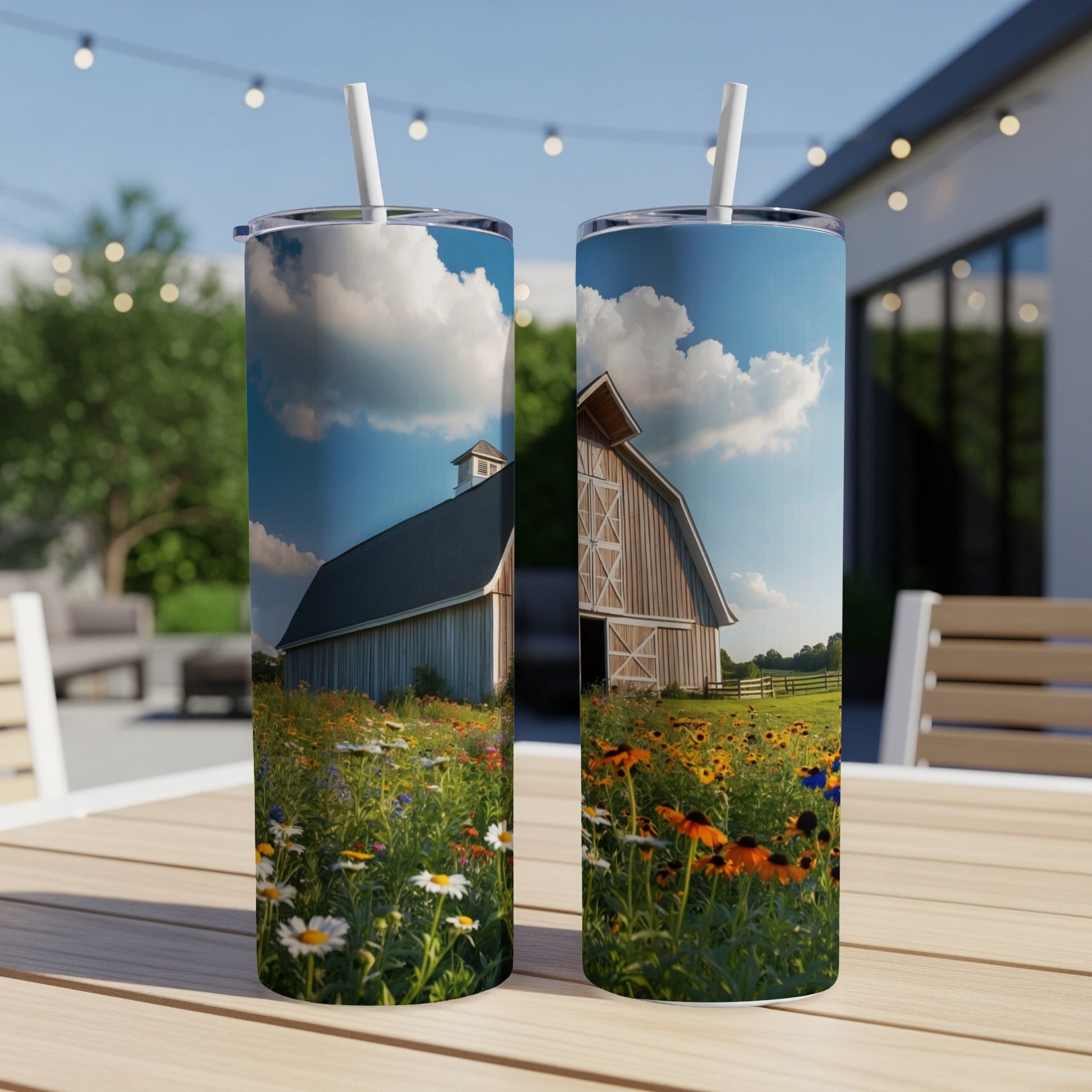 Barn and wildflowers on a double-walled tumbler with straws.