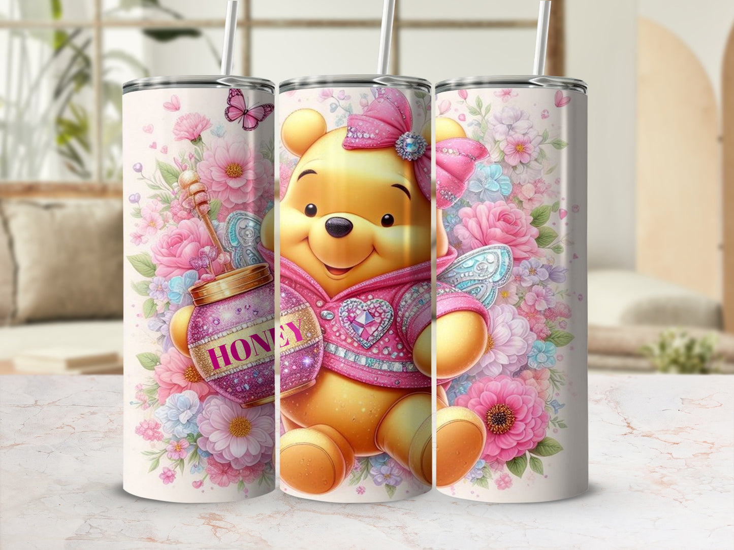 Adorable Bear with Honey and Floral Design Tumbler