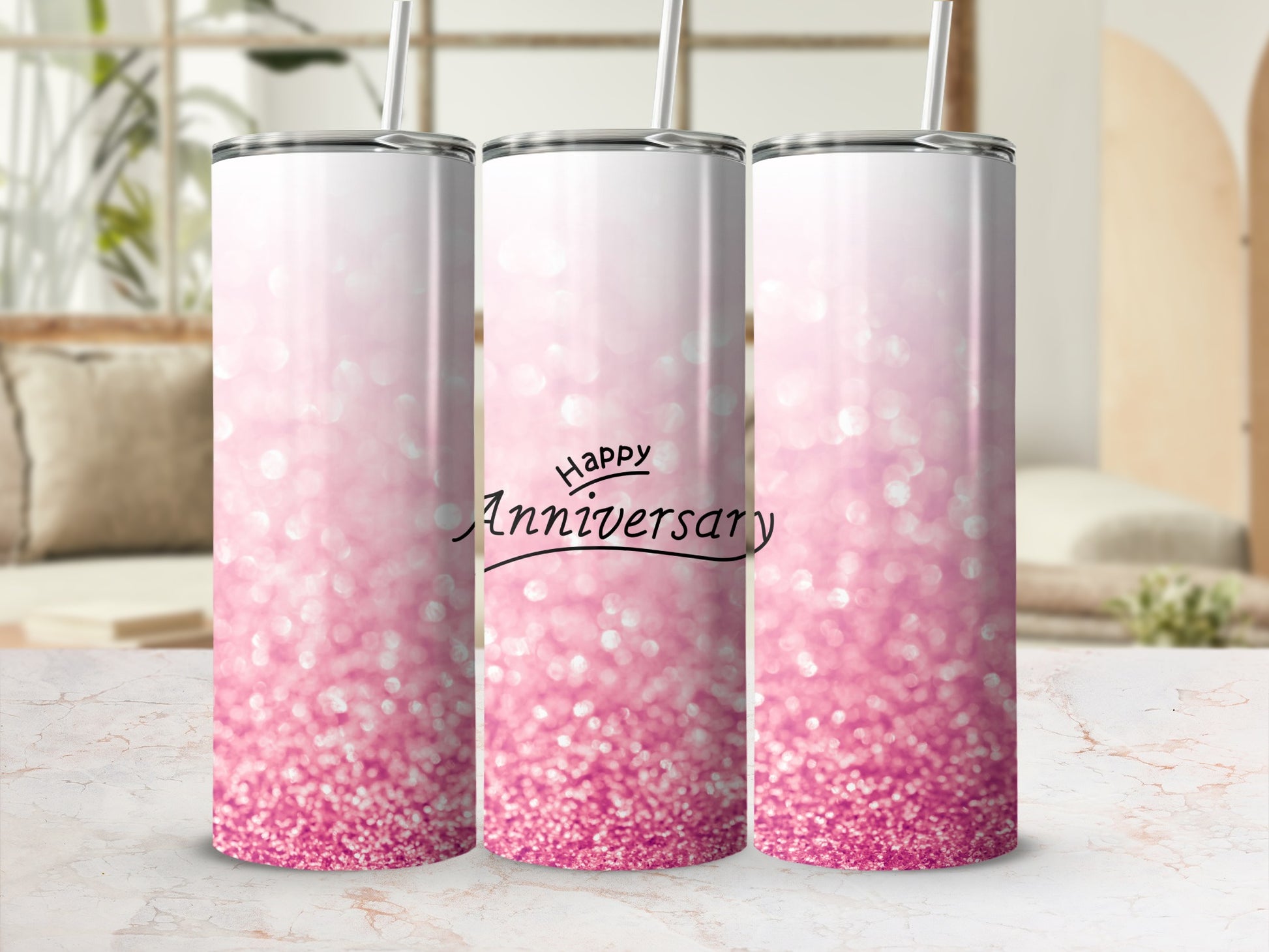 Pink glitter tumbler with "Happy Anniversary" text.