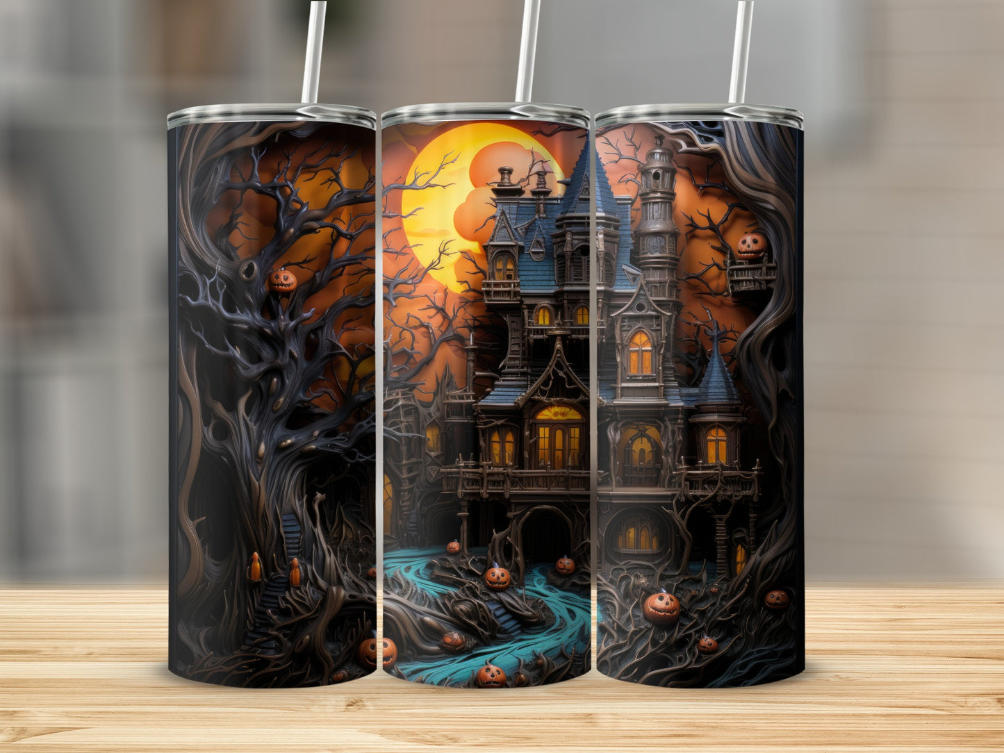 Halloween haunted house with pumpkins under a full moon on a tumbler.