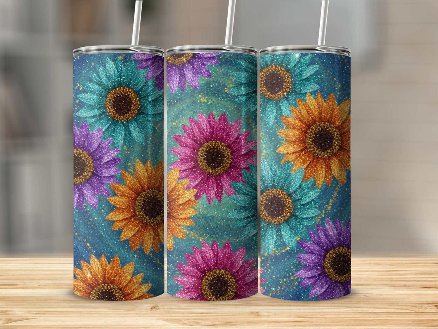 Sparkling Colorful Floral Sunflower Design Tumbler