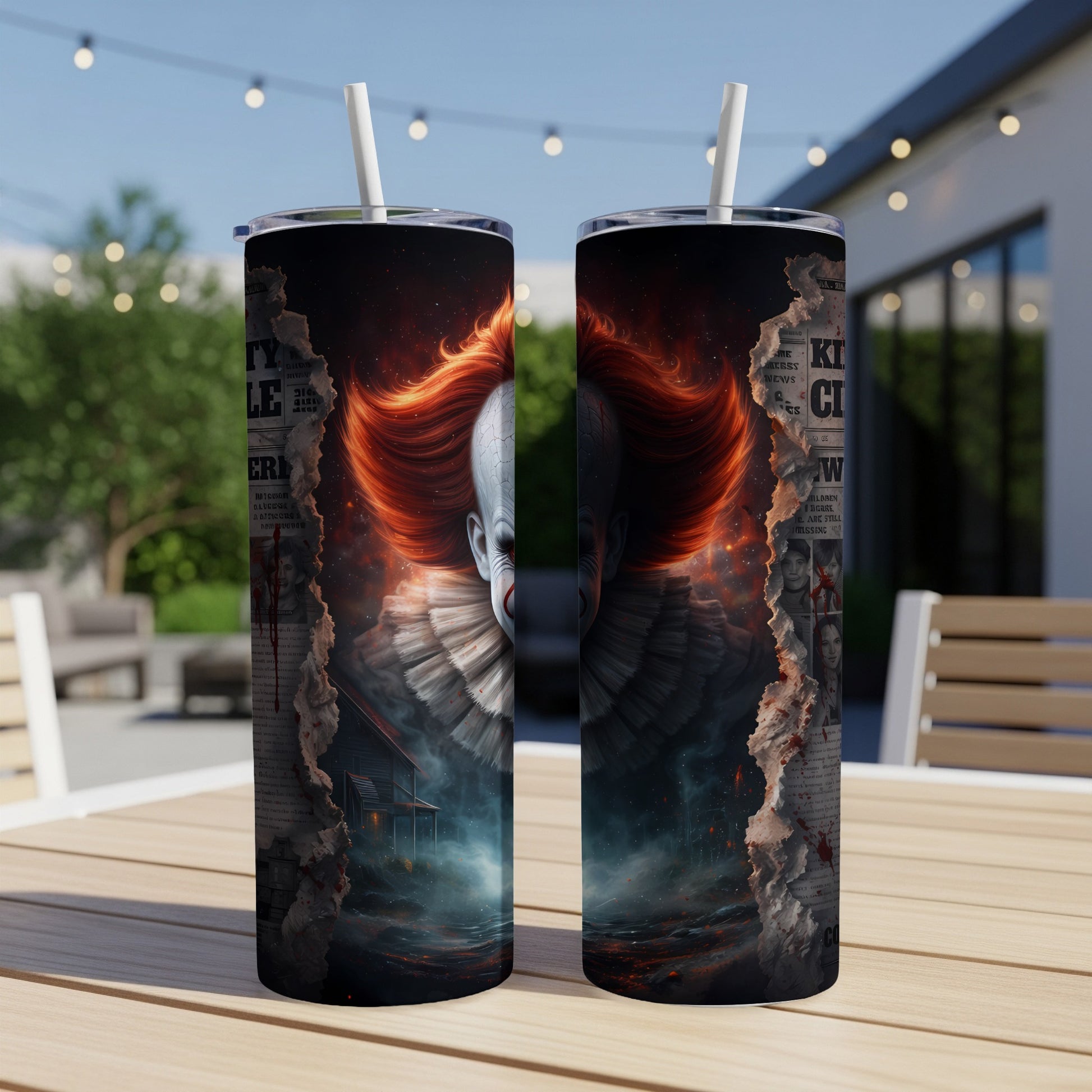 Two tumblers featuring a creepy clown, torn newspaper clippings, and a spooky house.
