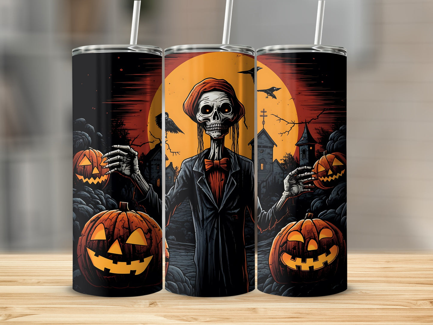 Halloween tumbler with skeleton, jack-o'-lanterns, and spooky graveyard scene.