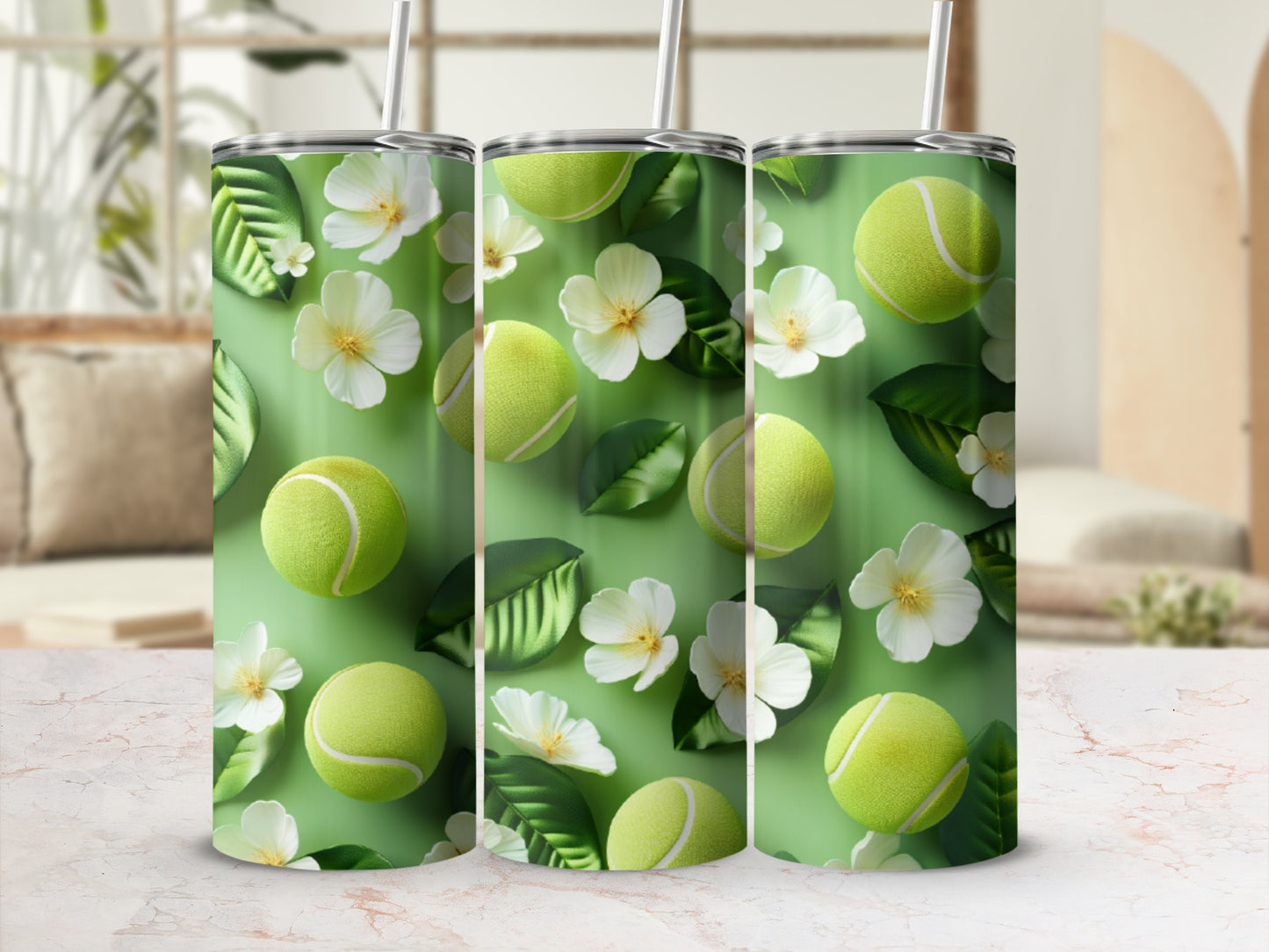 Tennis balls and white flowers pattern on a green background.