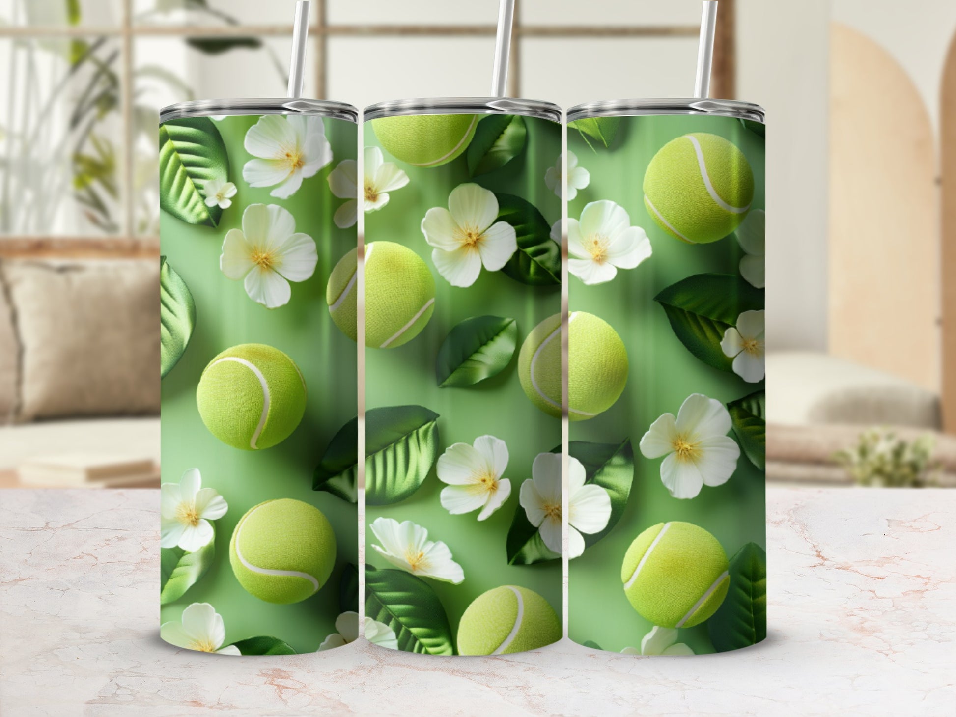 Tennis balls and white flowers pattern on a green background.