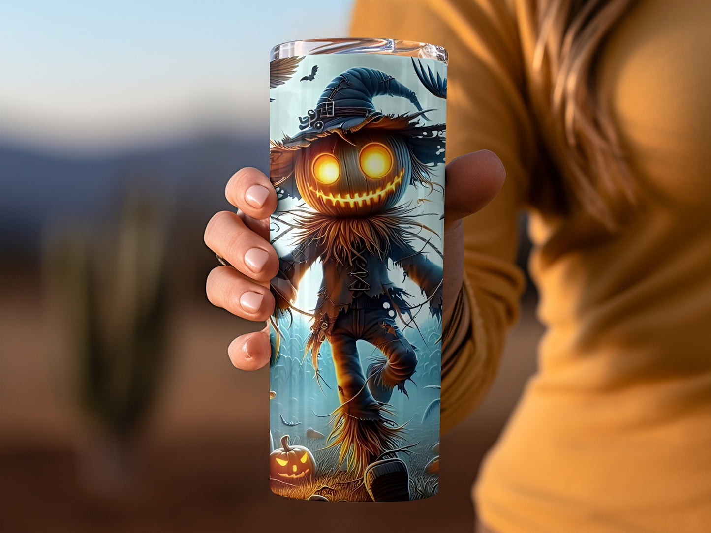Spooky Scarecrow with Glowing Eyes Halloween Tumbler