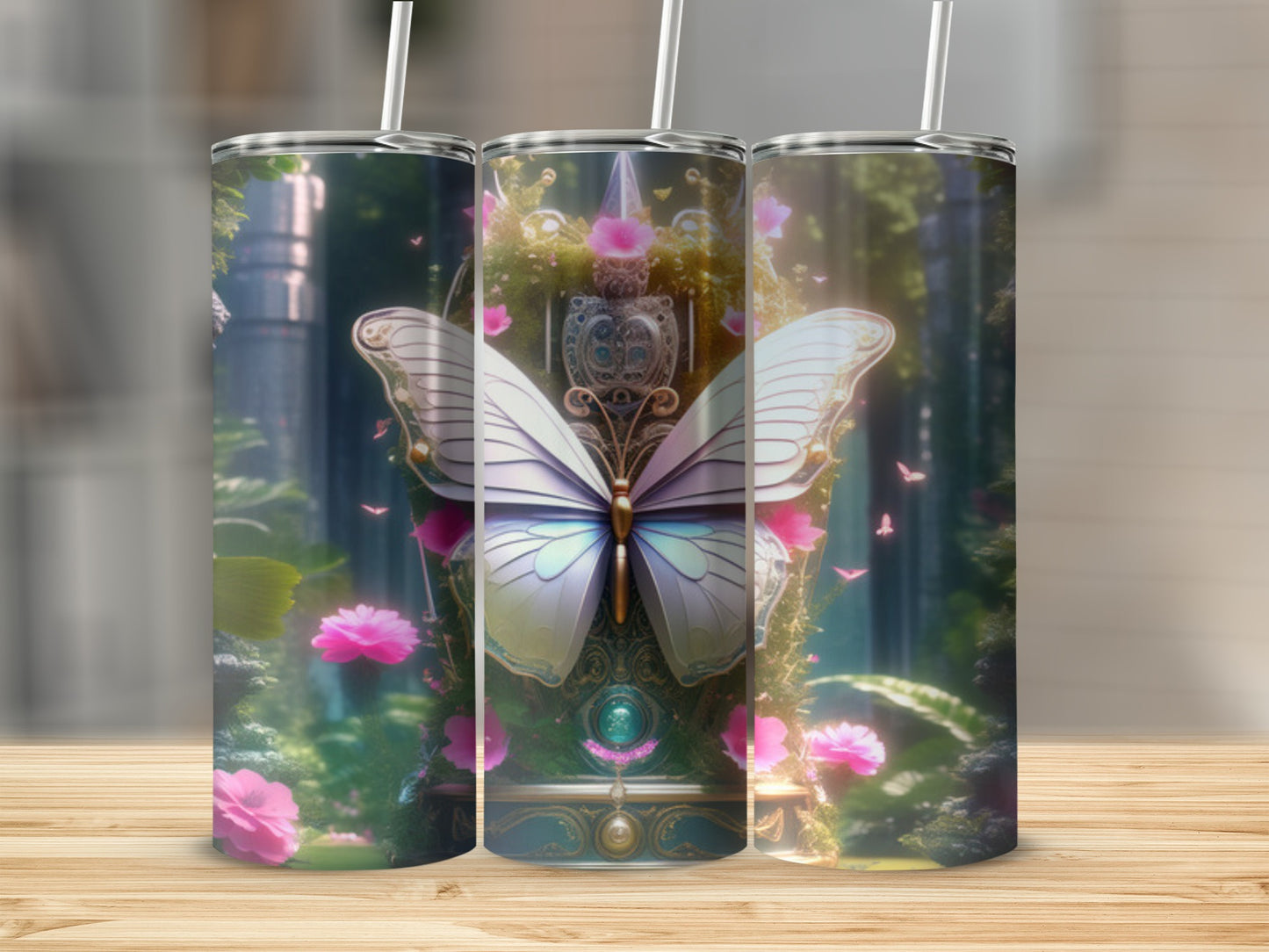 Gilded butterfly on a fantastical floral background adorns three tumblers.