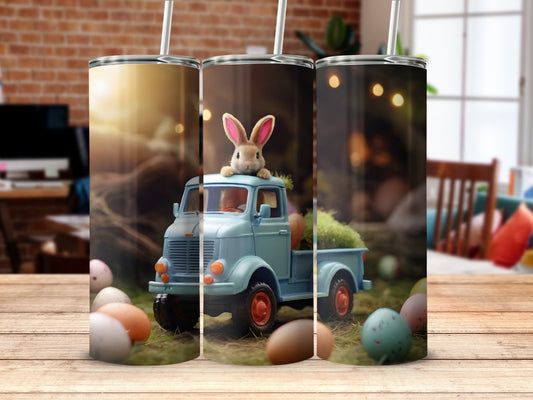 Adorable bunny blue truck Easter eggs soft glow tumbler